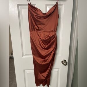 Brown satin midi slit dress
